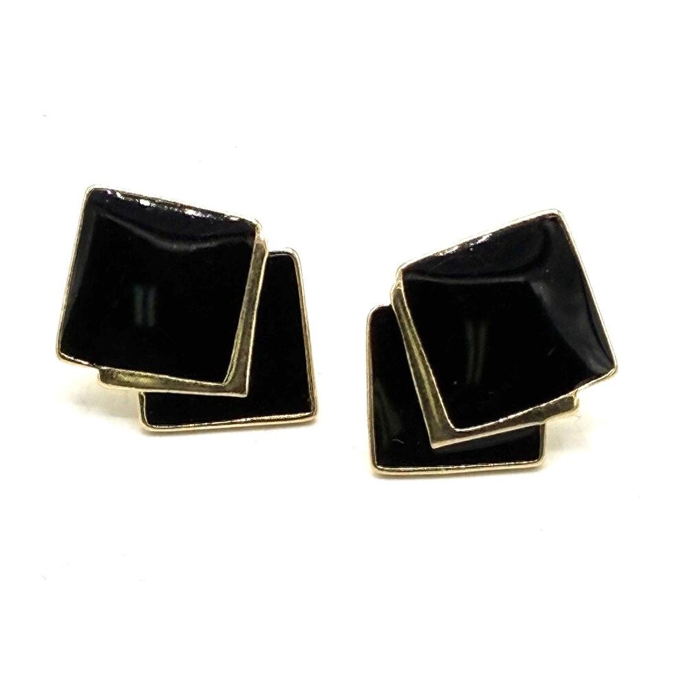 Signed Trifari Black Enamel Geometric Stud Earrings, Gold-Tone